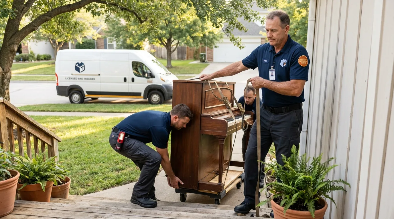 Licensed piano movers securing grand piano in Poolesville, MD