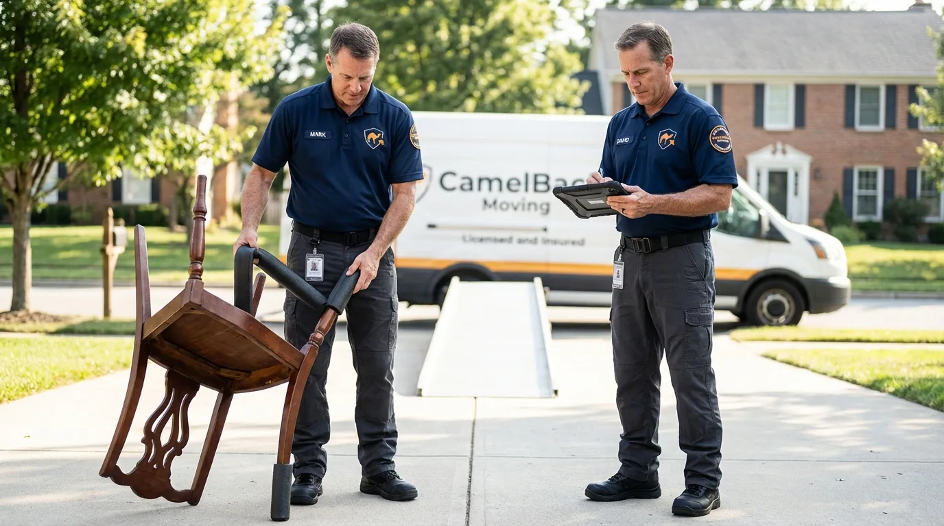 Movers inspecting furniture for damage prevention before loading in Poolesville, MD